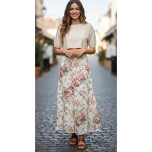 Vintage 90's Linen Blend Floral Cottagecore Maxi Skirt by Koret